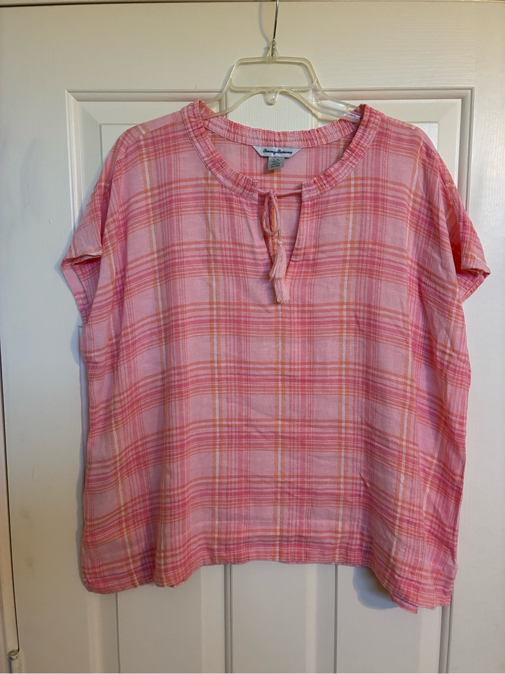 Tommy Bahama Pink & Coral Plaid Tie-Front Tunic